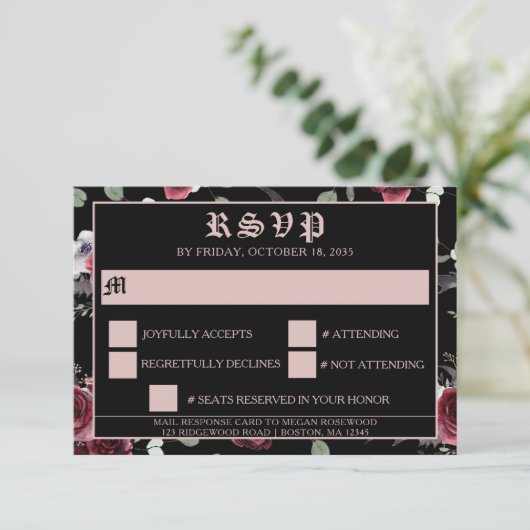 Zwarte Elegant gothic Bat en Roos RSVP Kaartje (Staand voorkant)