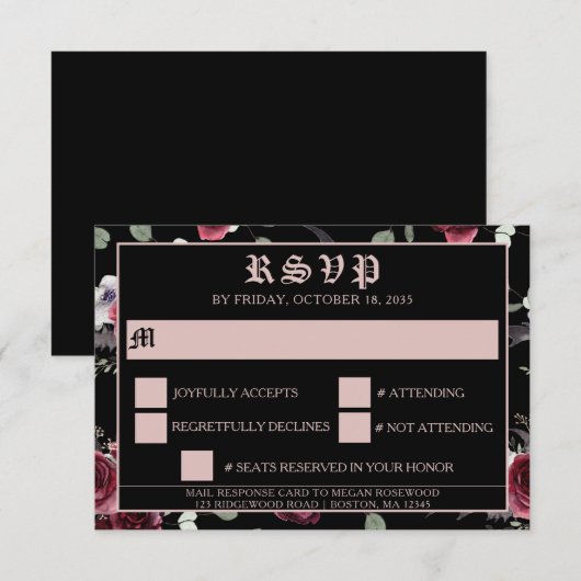 Zwarte Elegant gothic Bat en Roos RSVP Kaartje (Voorkant / Achterkant)