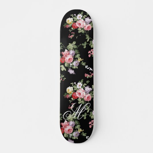zwarte elegant roze botanische rozen floraal persoonlijk skateboard (Voorkant)