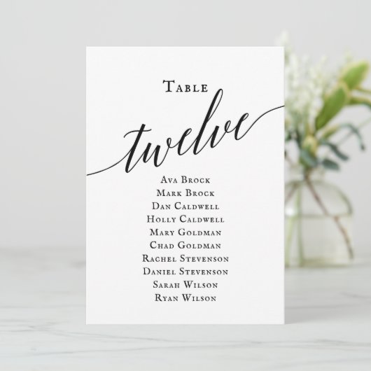Zwarte Elegant Script Table Number 12 Seating Char Kaart (Staand voorkant)