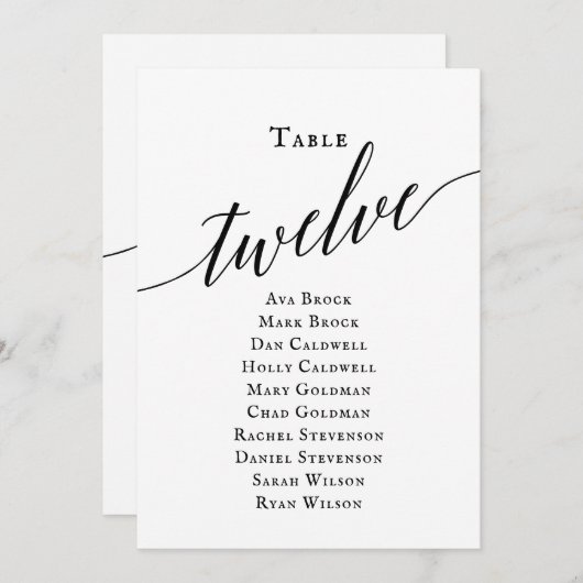 Zwarte Elegant Script Table Number 12 Seating Char Kaart (Voorkant / Achterkant)