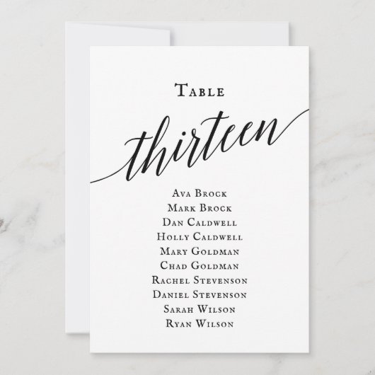 Zwarte Elegant Script Table Number 13 Seating Char Kaart (Voorkant)