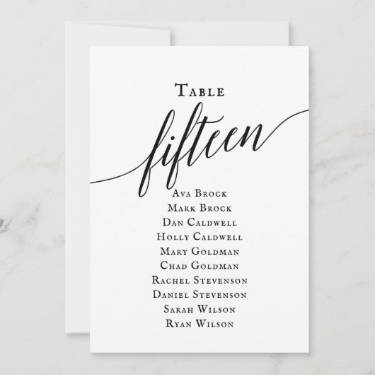 Zwarte Elegant Script Table Number 15 Seating Char Kaart (Voorkant)
