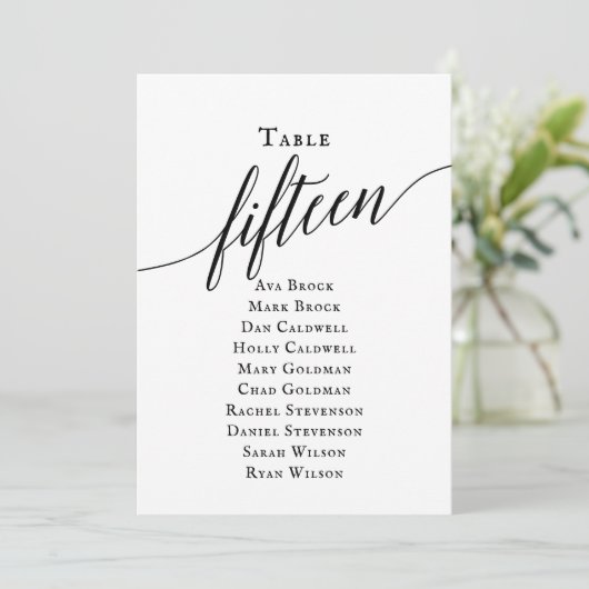 Zwarte Elegant Script Table Number 15 Seating Char Kaart (Staand voorkant)