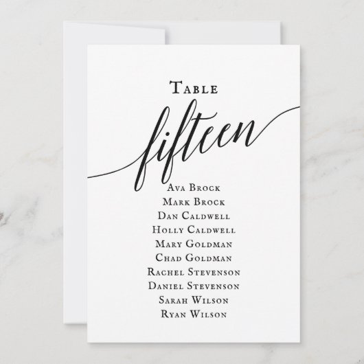 Zwarte Elegant Script Table Number 15 Seating Char Kaart (Achterkant)