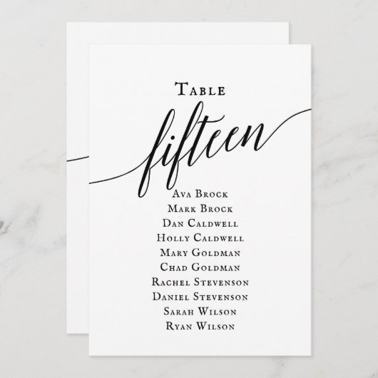 Zwarte Elegant Script Table Number 15 Seating Char Kaart (Voorkant / Achterkant)