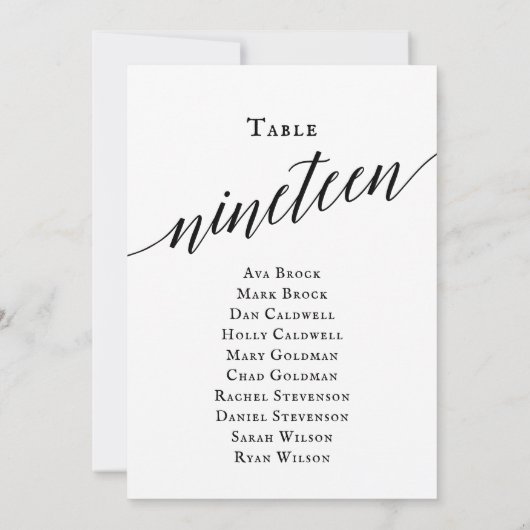 Zwarte Elegant Script Table Number 19 Seating Char Kaart (Achterkant)