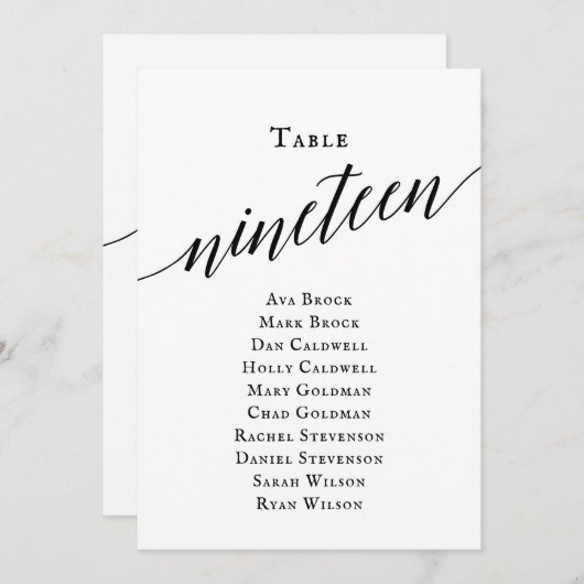 Zwarte Elegant Script Table Number 19 Seating Char Kaart (Voorkant / Achterkant)