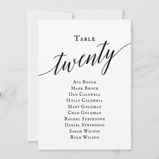 Zwarte Elegant Script Table Number 20 Seating Char Kaart (Achterkant)