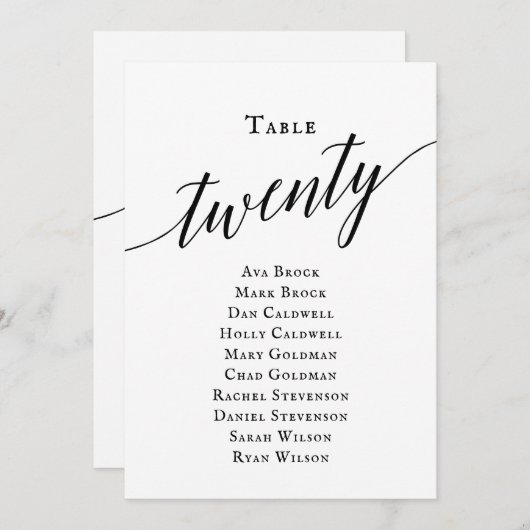 Zwarte Elegant Script Table Number 20 Seating Char Kaart (Voorkant / Achterkant)