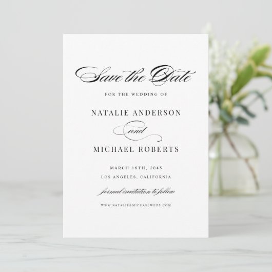 Zwarte Elegant Script Typografie Save The Date (Staand voorkant)