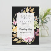 Zwarte Elegant Waterverf Florals Wedding Kaart (Staand voorkant)