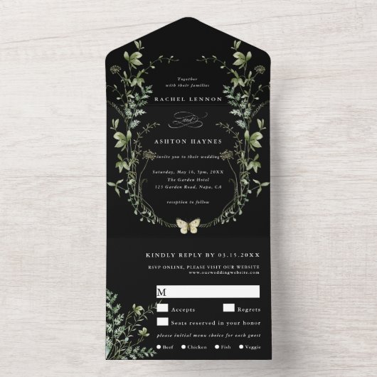 Zwarte Elegant Waterverf Wildflower Wedding All In One Uitnodiging (Binnen)