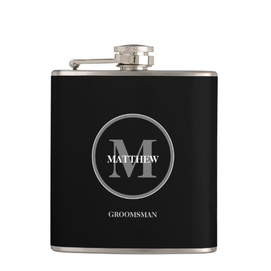 Zwarte elegant Wedding Monogram Groomsman Heupfles (Voorkant)