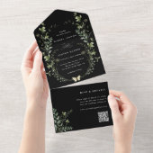 Zwarte Elegant Wildflower QR-code Weddenschap All In One Uitnodiging (Afscheurbaar)