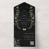 Zwarte Elegant Wildflower QR-code Weddenschap All In One Uitnodiging (Binnen)