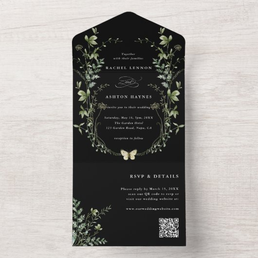 Zwarte Elegant Wildflower QR-code Weddenschap All In One Uitnodiging (Binnen)