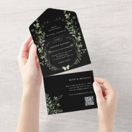 Zwarte Elegant Wildflower QR-code Weddenschap All In One Uitnodiging