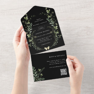 Zwarte Elegant Wildflower QR-code Weddenschap All In One Uitnodiging
