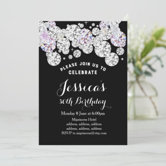 zwarte elegantdiamant , uitnodiging voor verjaarda (Staand voorkant)