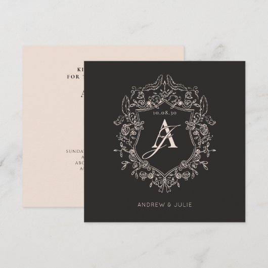  zwarte elegante bloemenkam lijst bruiloft kaart (Voorkant / Achterkant)