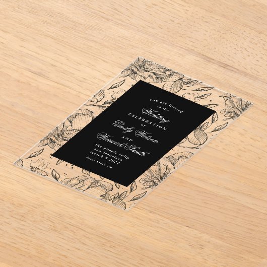 Zwarte Elegante Bloemrijke Trouwboog Acryl Uitnodigingen (Laagn)