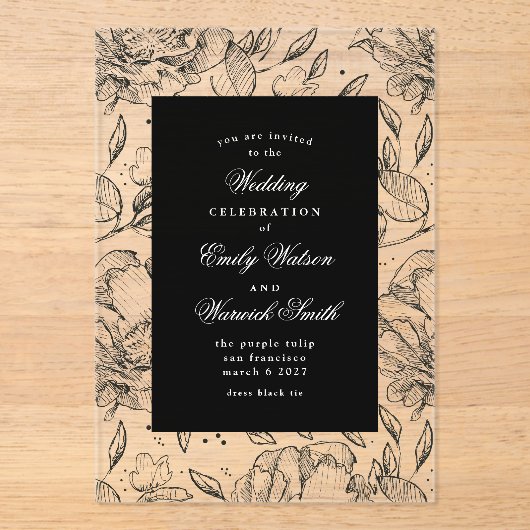 Zwarte Elegante Bloemrijke Trouwboog Acryl Uitnodigingen (Voorkant)