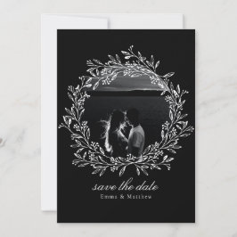 Zwarte Elegante Botanische Lijn Krans Foto & QR Save The Date