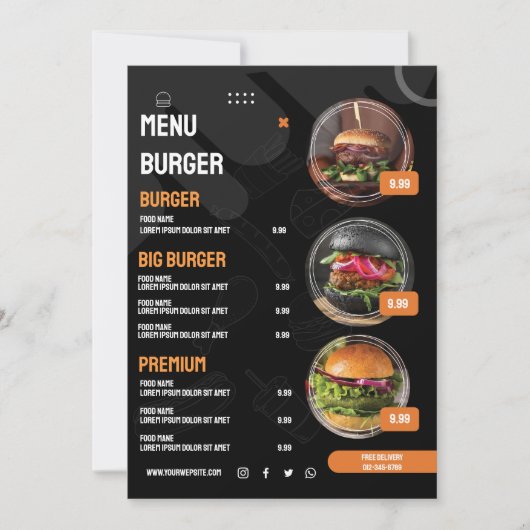 Zwarte Elegante Burger Restaurant Menu Uitnodiging (Voorkant)