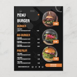 Zwarte Elegante Burger Restaurant Menu Uitnodiging
