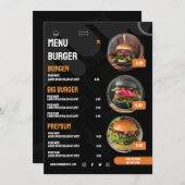 Zwarte Elegante Burger Restaurant Menu Uitnodiging (Voorkant / Achterkant)