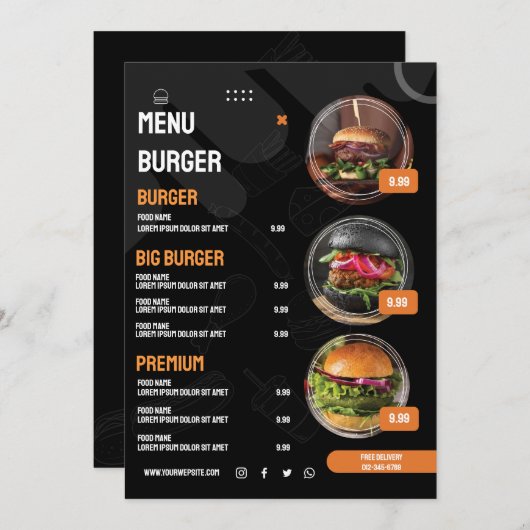 Zwarte Elegante Burger Restaurant Menu Uitnodiging (Voorkant / Achterkant)
