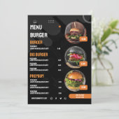 Zwarte Elegante Burger Restaurant Menu Uitnodiging (Staand voorkant)