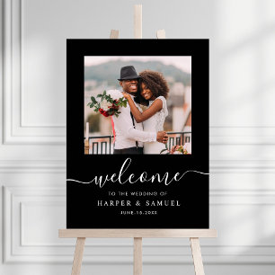 Zwarte Elegante Calligrafie Foto Bruiloft Verwelko Poster