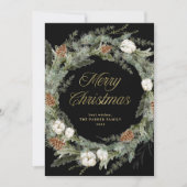 Zwarte Elegante dennenkrans | Goud Vrolijk Kerstfe Feestdagenkaart (Voorkant)