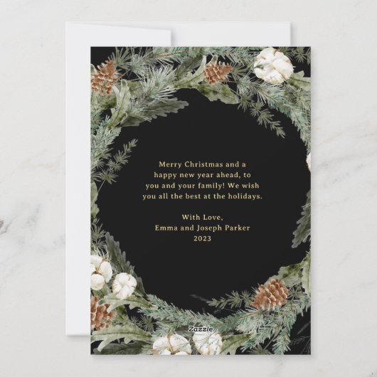 Zwarte Elegante dennenkrans | Goud Vrolijk Kerstfe Feestdagenkaart (Achterkant)