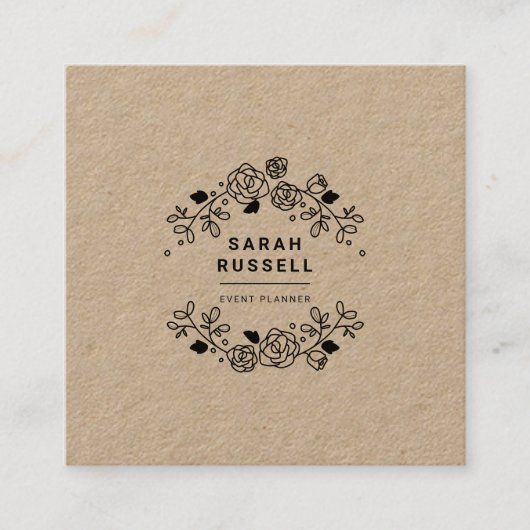 Zwarte elegante floral lijst kraft event planner vierkante visitekaartje (Voorkant)