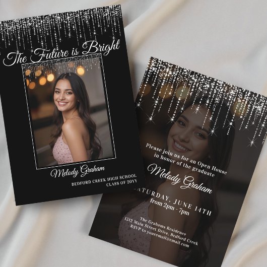 Zwarte Elegante Glitter Foto Afstuderen Kaart