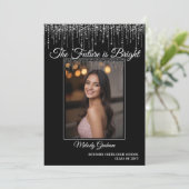 Zwarte Elegante Glitter Foto Afstuderen Kaart (Staand voorkant)