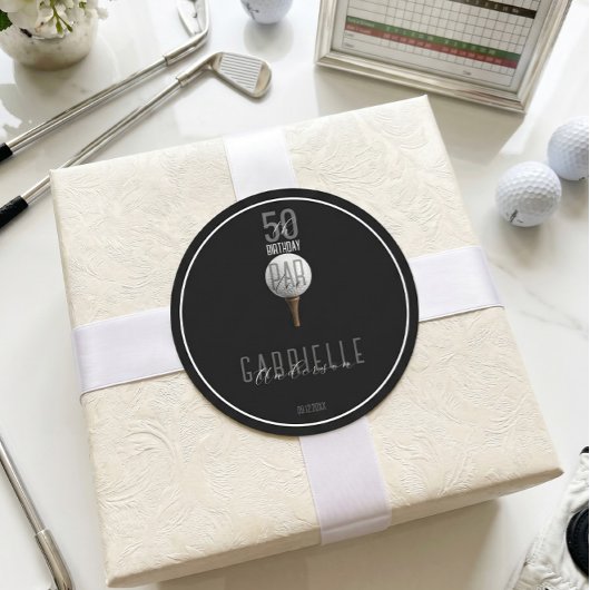 Zwarte Elegante Golf 50 Verjaardag Par Tee Script Ronde Sticker