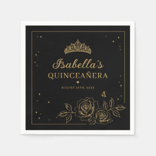 Zwarte Elegante Gouden Bloemige Quinceañera Servet