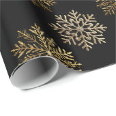 Zwarte Elegante Gouden Sneeuwvlokken Patroon Nieuw Cadeaupapier (Rol Hoek)