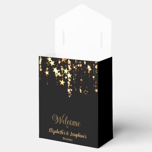 Zwarte elegante & gouden sterren dubbele gezamenli bedankdoosjes (Geopend)