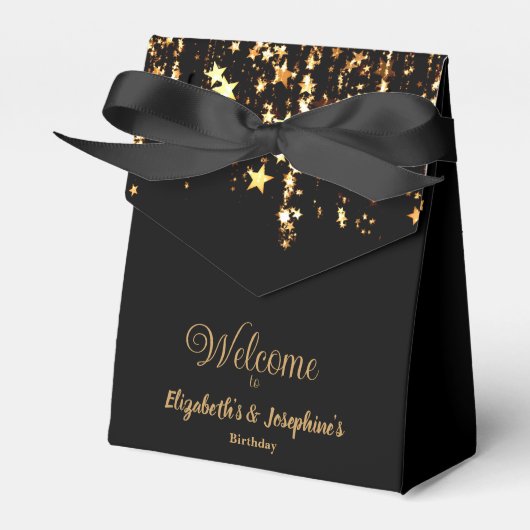 Zwarte elegante & gouden sterren dubbele gezamenli bedankdoosjes (Voorkant Zijde)