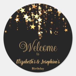 Zwarte elegante & gouden sterren dubbele gezamenli ronde sticker