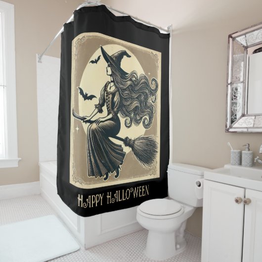 Zwarte, elegante heks op bezem,  Halloween Douchegordijn (In situ)