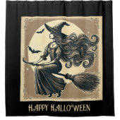 Zwarte, elegante heks op bezem,  Halloween Douchegordijn (Voorkant)