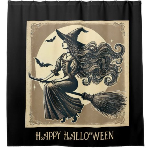 Zwarte, elegante heks op bezem,  Halloween Douchegordijn (Voorkant)
