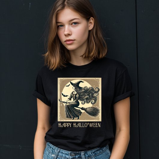 Zwarte, elegante heks op bezem,  Halloween T-shirt