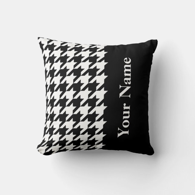 Zwarte Elegante Houndstooth met naam Kussen (Voorkant)